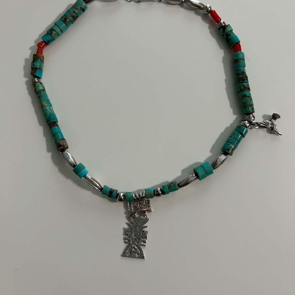 16” turquoise, silver and coral necklace .